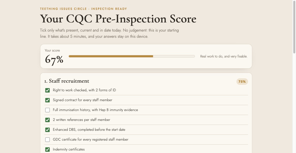 The CQC Pre-Inspection Score tool showing a score of 67 percent