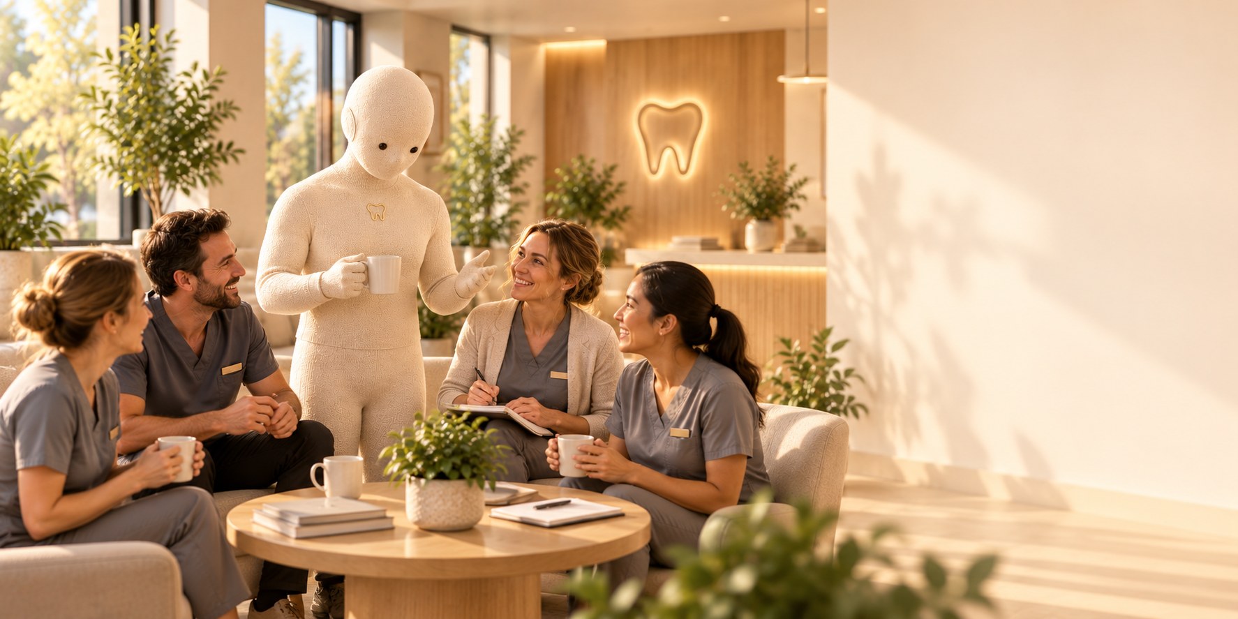 A calm dental practice team talking around a coffee table