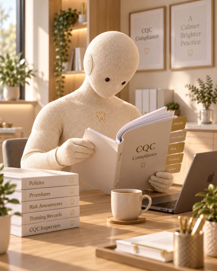 Mino at a desk reading a neat CQC compliance folder, a cup of tea beside him.