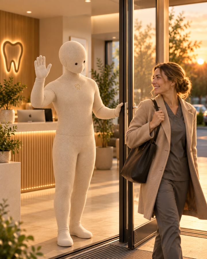 At sunset, Mino waves goodbye at the practice door as a smiling practice owner heads home.