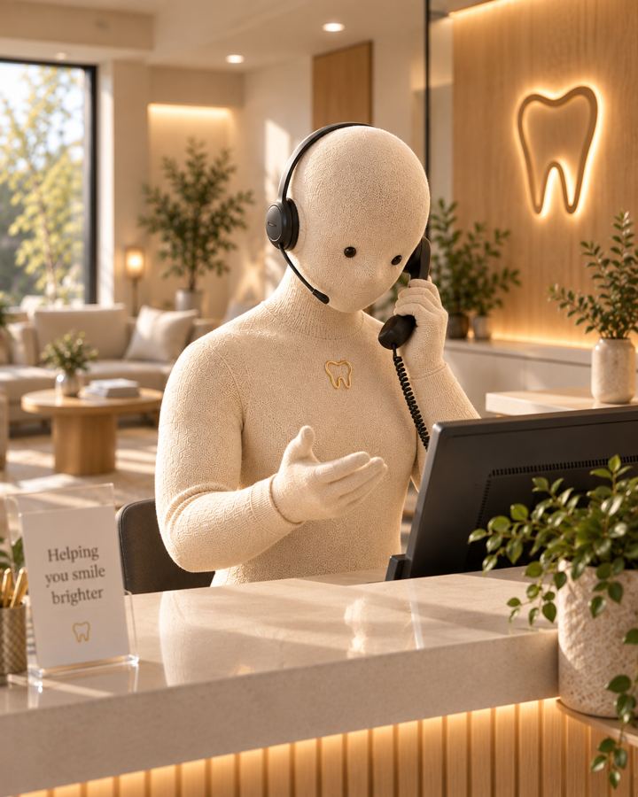 Mino answering the phone at a dental reception desk