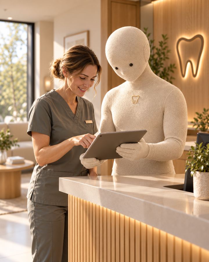 Mino at reception, showing a smiling practice owner a tidy checklist on a tablet.